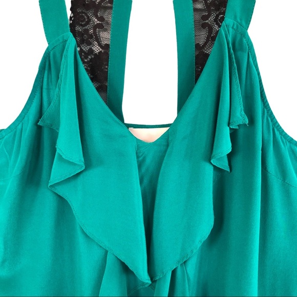 Aryn K 100% Silk Halter Tank with Waterfall Ruffles & Lace Back Medium - Picture 4 of 11